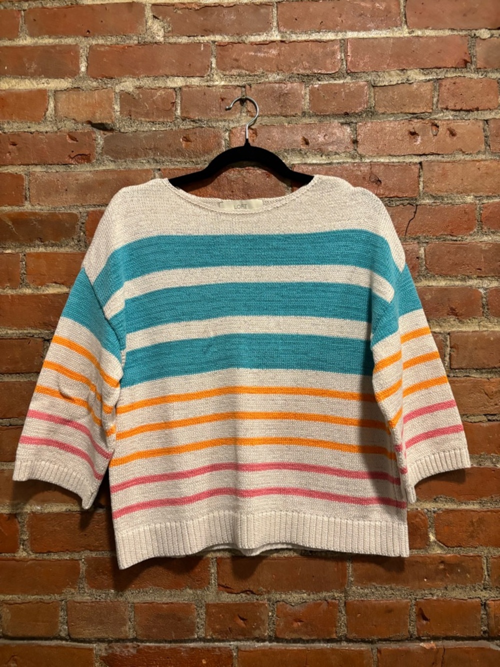 LOFT Cream Sweater with Teal, Orange & Pink Stripes